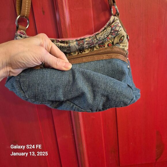 Sakroots The Sak Crossbody Purse Owl Theme Denim Front Zip Pocket Adjustable EUC - Picture 4 of 6